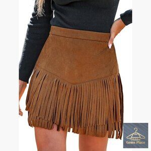 Faux Suede Fringe Skirt High Waist Mini Western Cowgirl Tassel